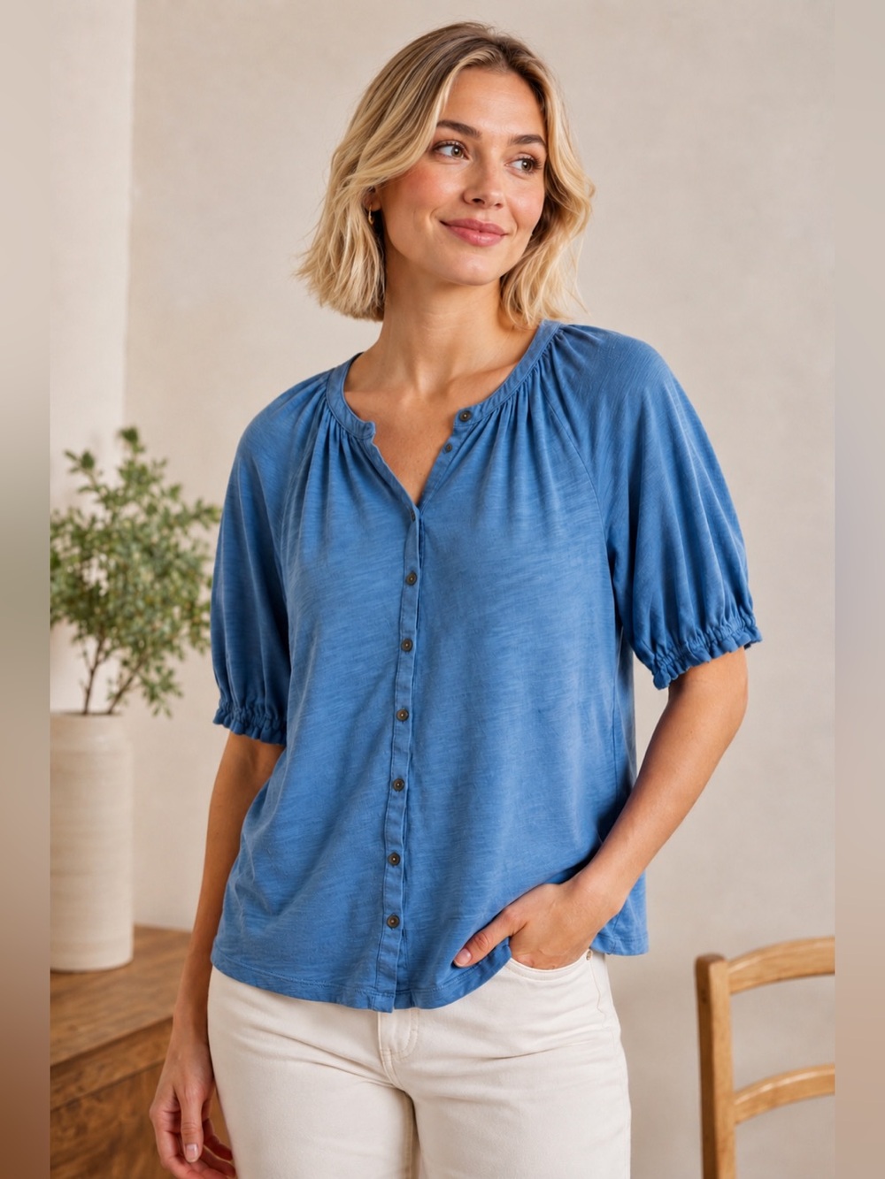 Boden Blue Cotton TENCEL™ Modal Puff Sleeve Henley Top US 4 Cottagecore Feminine